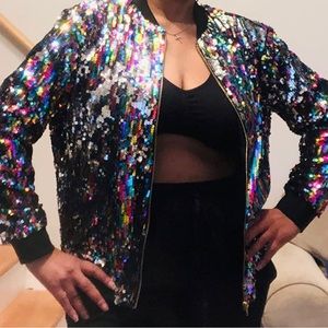Women's Sequin Fitted Long Sleeve Zipper Blazer Bomber Jacket